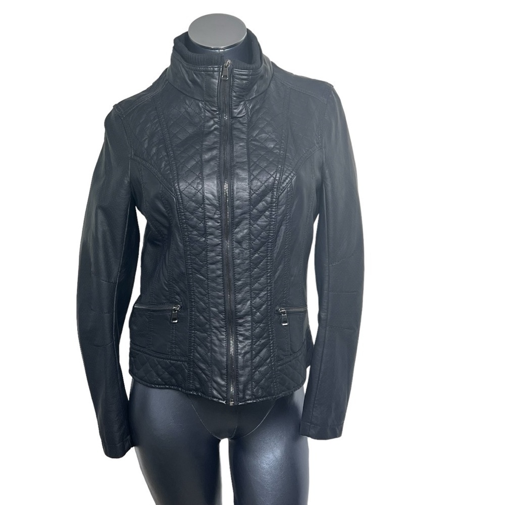 MOSSIMO Black Quilted Vegan Leather Mock Neck Moto Jacket Women's Size S